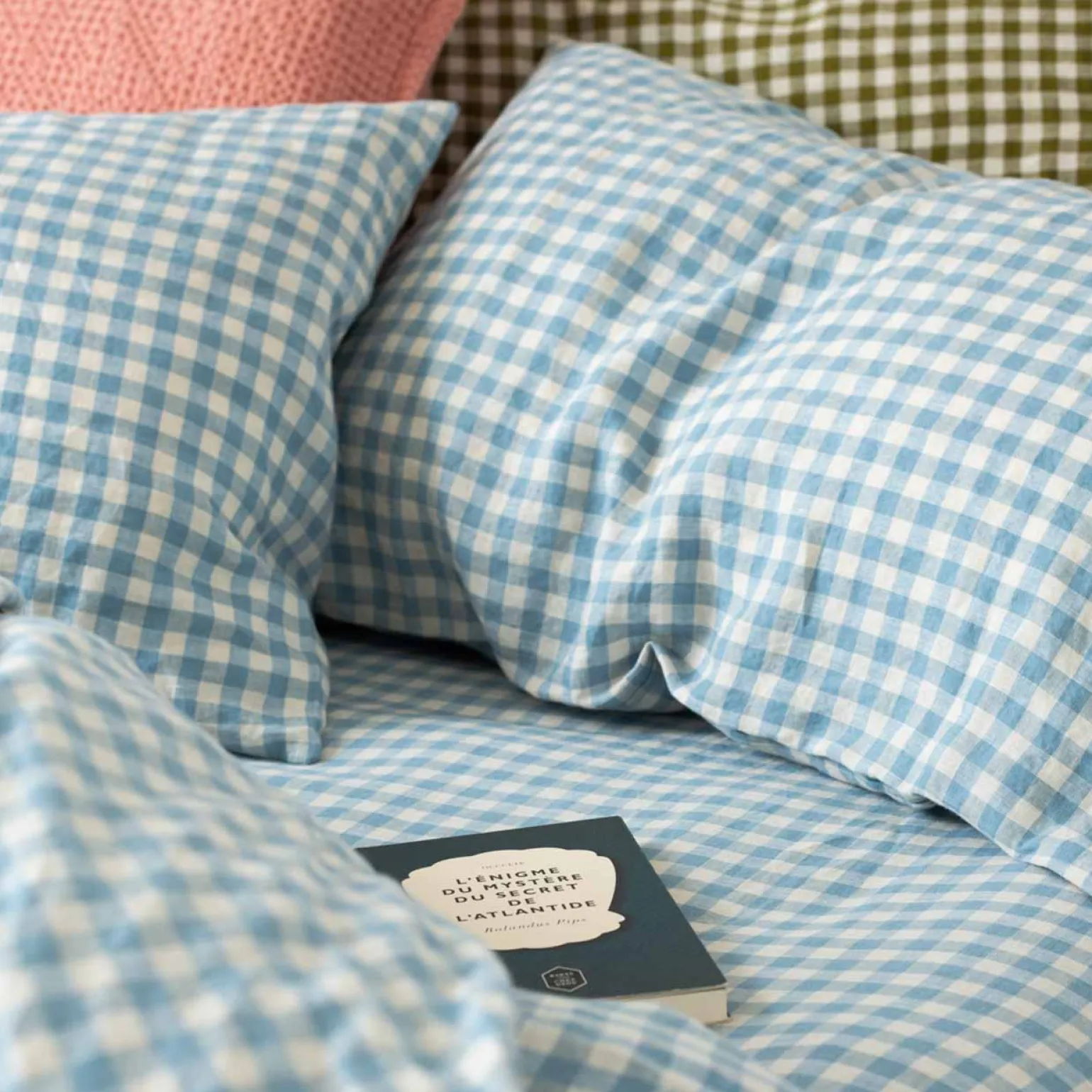 Warm Blue Gingham 100% Linen Fitted Sheet