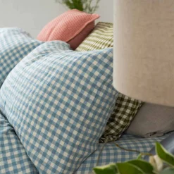Warm Blue Gingham 100% Linen Pillowcases (Pair)