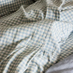 Warm Blue Gingham Linen Blend Flat Sheet