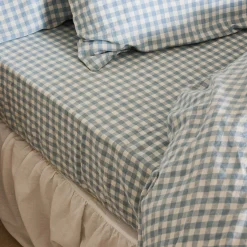 Warm Blue Gingham Linen Blend Fitted Sheet