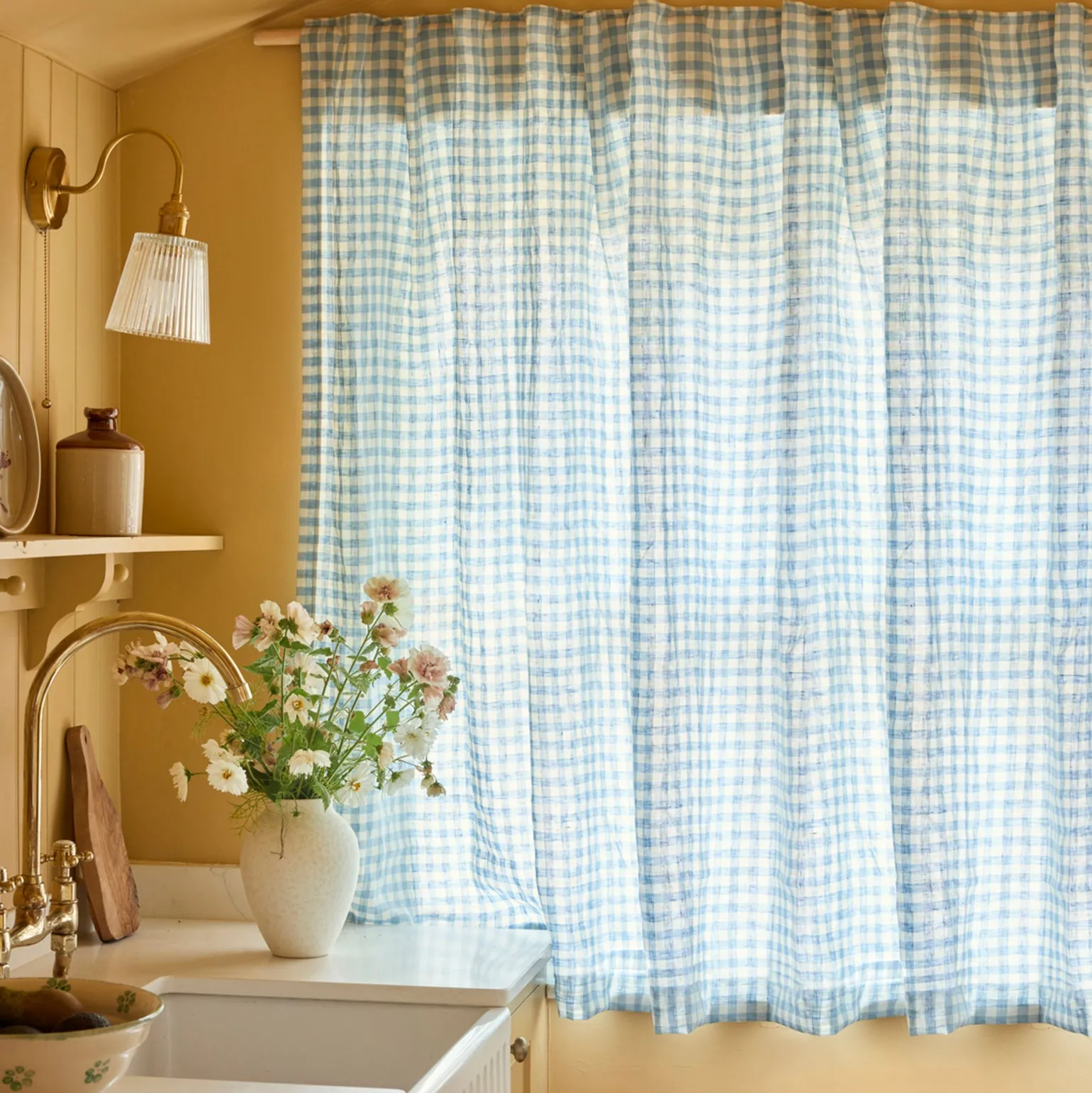 Warm Blue Gingham Linen Blend Curtains (Pair)