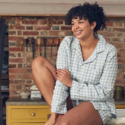 Warm Blue Gingham Linen Pajama Shorts