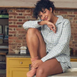 Warm Blue Gingham Linen Pajama Shorts Set