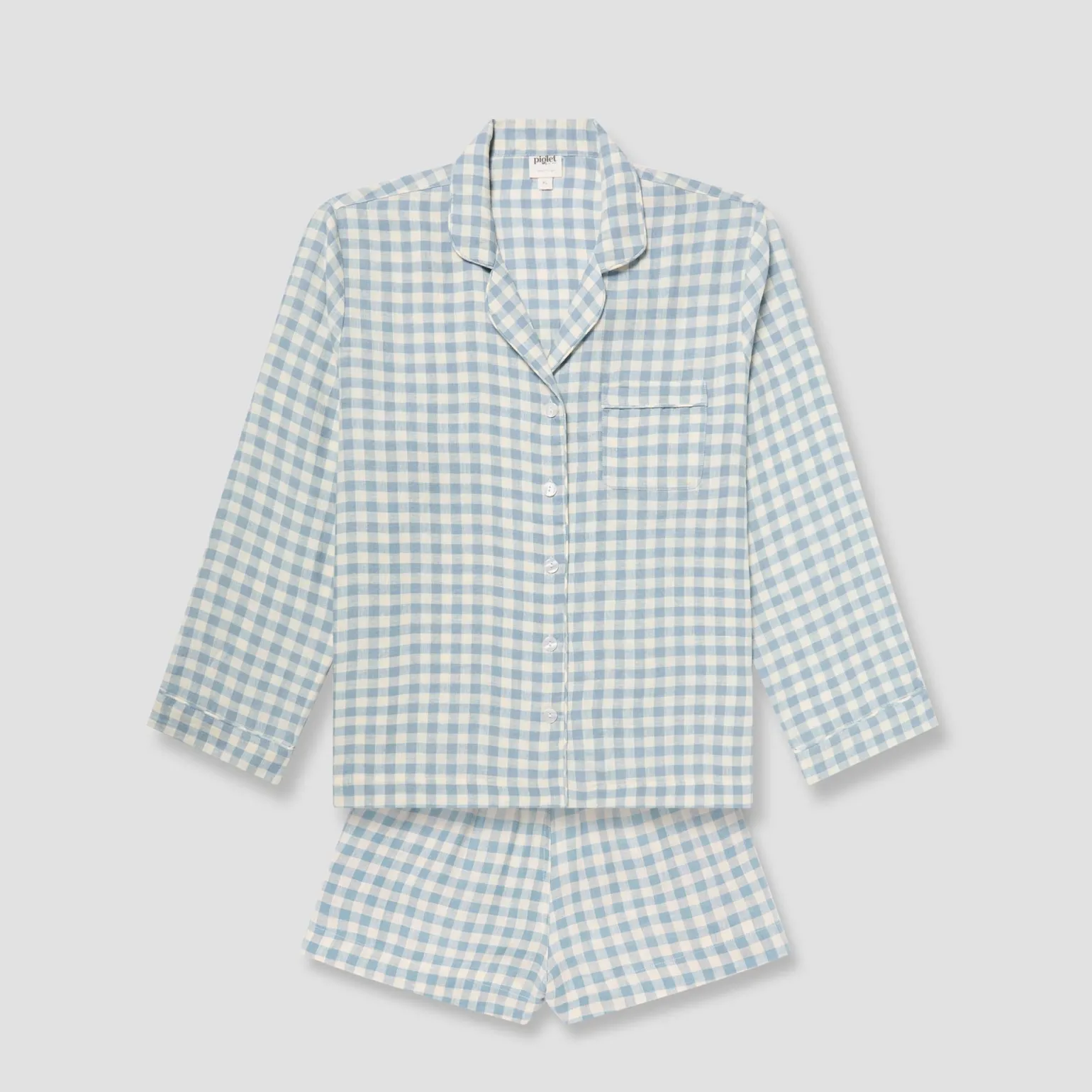 Warm Blue Gingham Linen Pajama Shorts Set